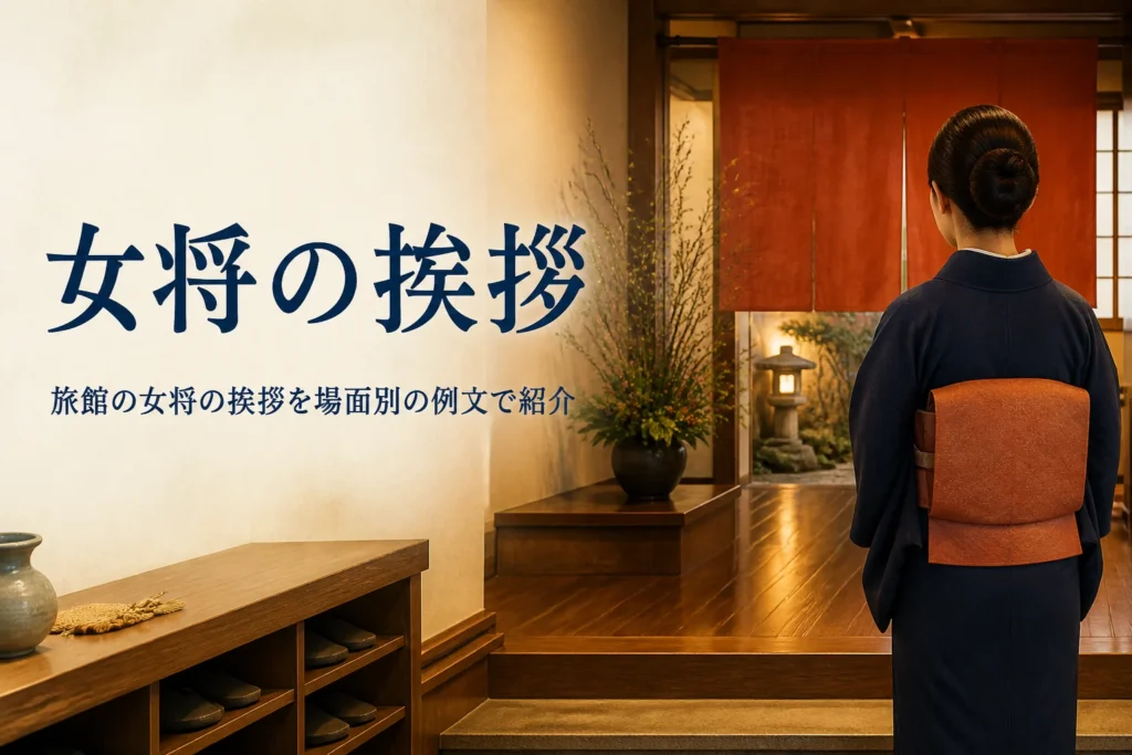 旅館の女将の挨拶を紹介する記事のアイキャッチ。玄関でお客様を迎える着物姿の後ろ姿