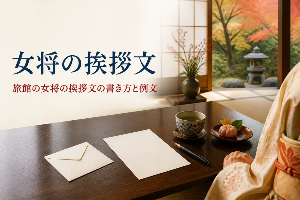 旅館の女将の挨拶文の書き方を紹介する記事のアイキャッチ。客室の座卓に置かれた便箋と和菓子