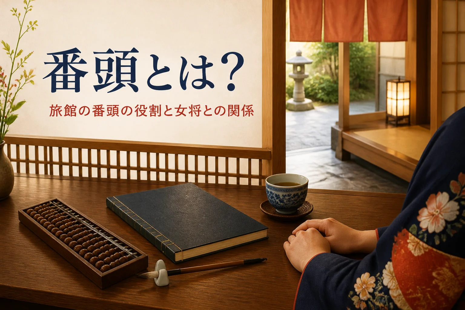 番頭とは何かを紹介する記事のアイキャッチ。格子に囲まれた旅館の帳場と帳面