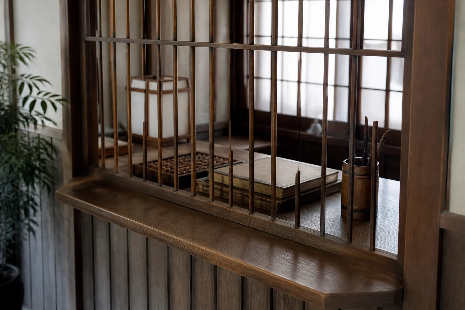 旅館の帳場で番頭が帳面をつけてきた場所をイメージした写真