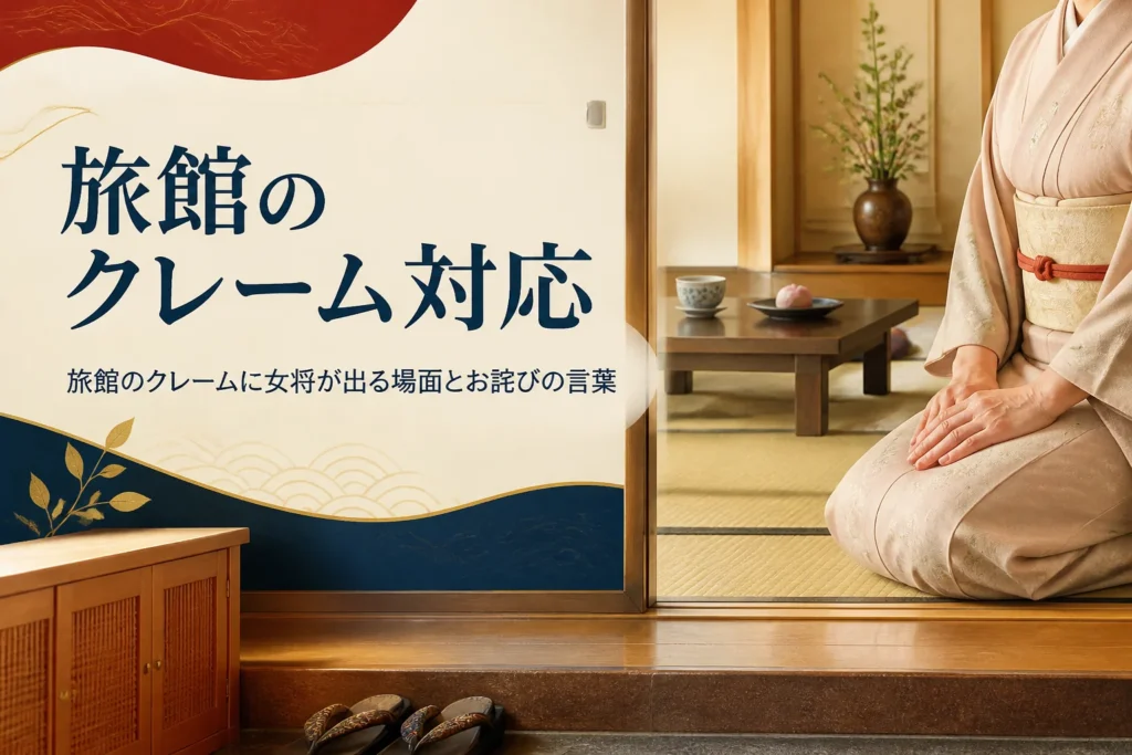 旅館のクレーム対応と女将のお詫びの言葉を紹介する記事のアイキャッチ。客室の入口でそろえた着物の手元