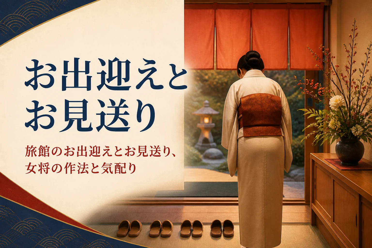 旅館のお出迎えとお見送りを紹介する記事のアイキャッチ。旅館の玄関で一礼する着物の後ろ姿
