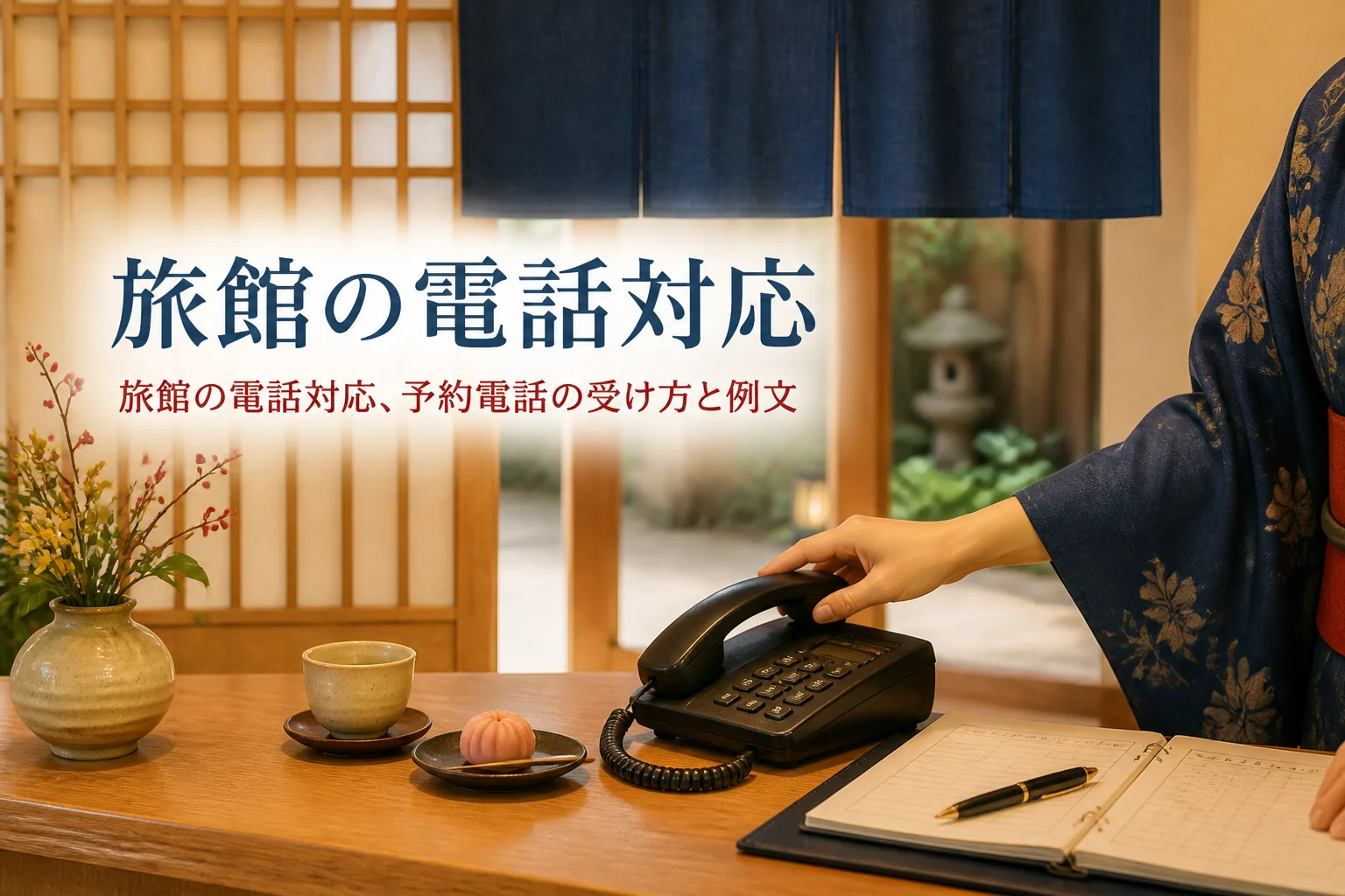 旅館の電話対応と予約電話の受け方を紹介する記事のアイキャッチ。帳場の電話に手を添える着物の手元