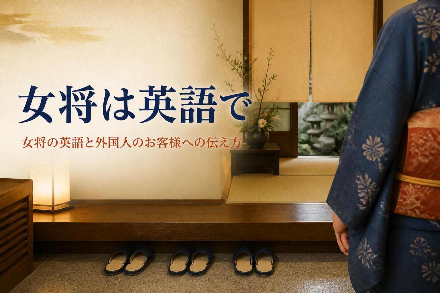女将の英語の言い方と外国人のお客様への伝え方を紹介する記事のアイキャッチ。旅館の玄関と着物の手元