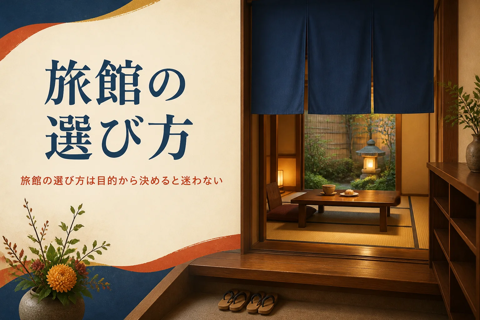 旅館の選び方を紹介する記事のアイキャッチ。旅館の玄関と奥に見える畳の客室