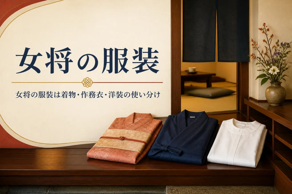 女将の服装の使い分けを紹介する記事のアイキャッチ。玄関に並べた着物と作務衣と割烹着