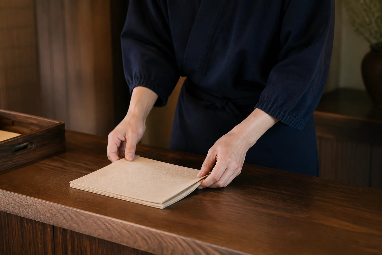 旅館の帳場で、作務衣の袖口と前掛けの手元が帳面を整えている様子をイメージした写真