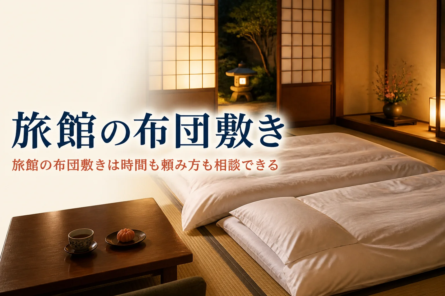 旅館の布団敷きの時間と頼み方を紹介する記事のアイキャッチ。和室に並べて敷かれた布団