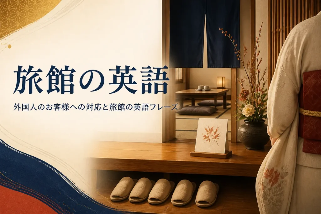 旅館の英語フレーズと外国人のお客様への対応を紹介する記事のアイキャッチ。玄関の式台と着物の手元