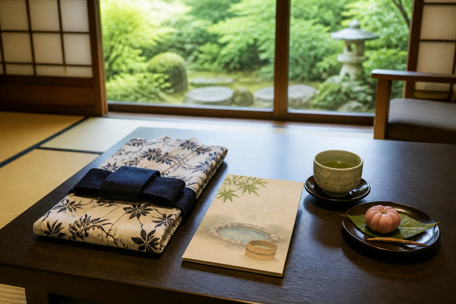 客室の座卓に、たたんだ浴衣と帯、絵入りの案内書を並べて用意した様子