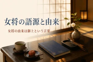 女将の語源と由来を紹介する記事のアイキャッチ。和室の文机に置かれた和綴じの本と筆