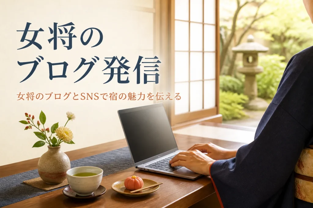 女将のブログ・SNS発信を紹介する記事のアイキャッチ。帳場の机のノートパソコンと着物の手元