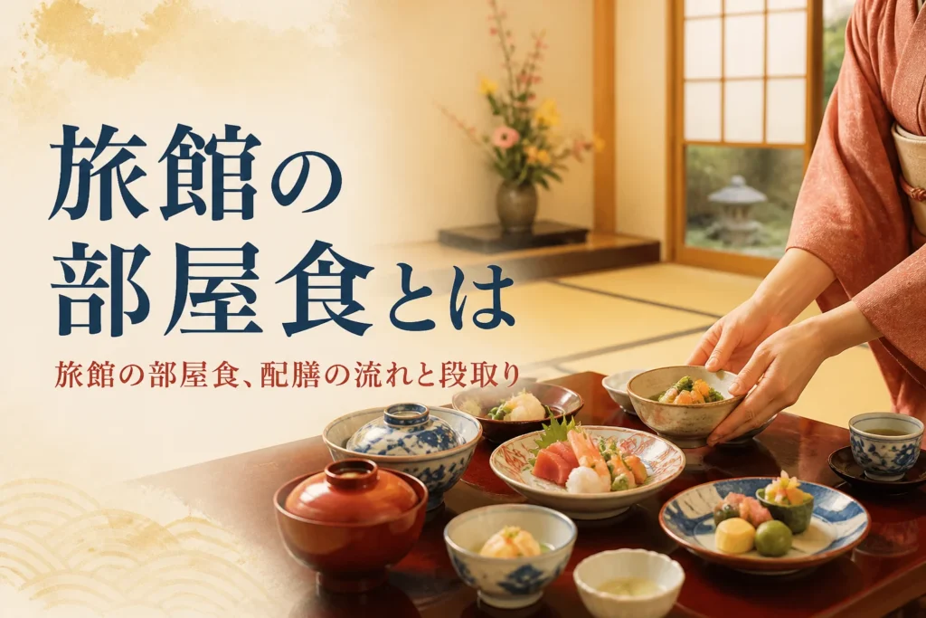 旅館の部屋食と配膳の流れを紹介する記事のアイキャッチ。客室の座卓に料理を並べる着物の手元