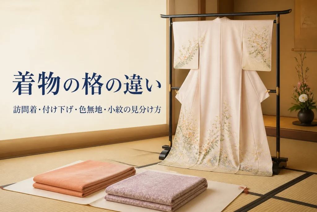 訪問着・付け下げ・色無地・小紋の違いを紹介する記事のアイキャッチ。和室の衣桁に掛けた訪問着と、たたんだ着物