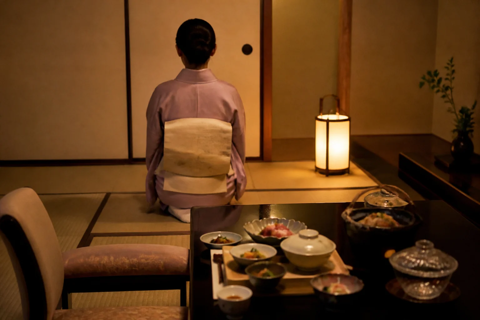 夕食の時間に女将が客室を回ってご挨拶する場面をイメージした写真