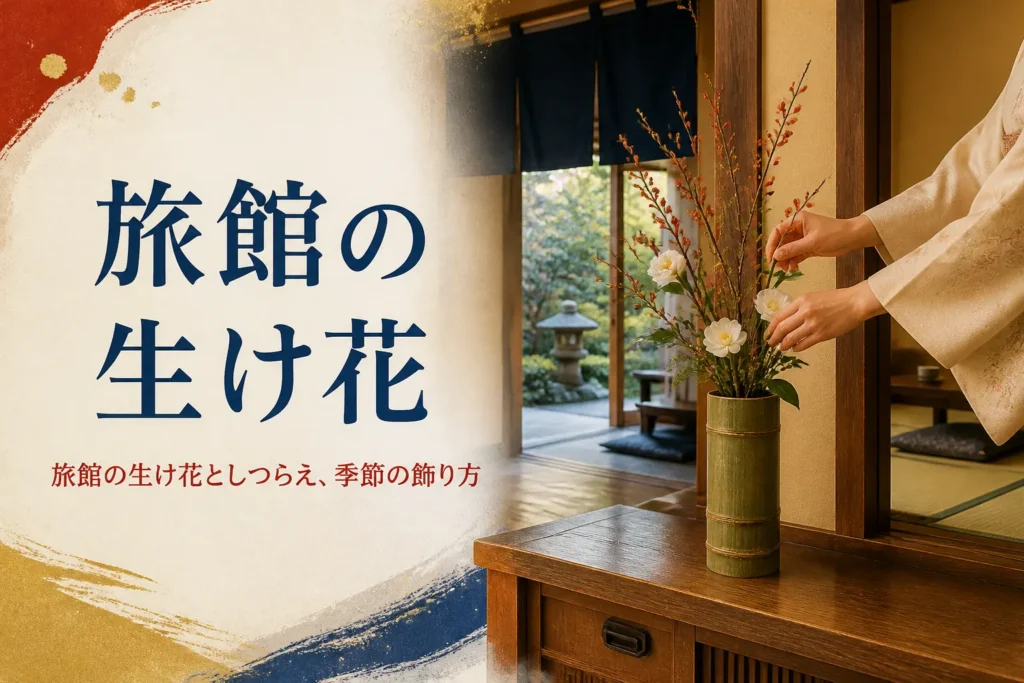 旅館の生け花としつらえを紹介する記事のアイキャッチ。玄関の花の向きを直す着物の手元