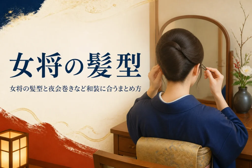 女将の髪型を紹介する記事のアイキャッチ。鏡台の前で夜会巻きにまとめた着物姿の後ろ姿