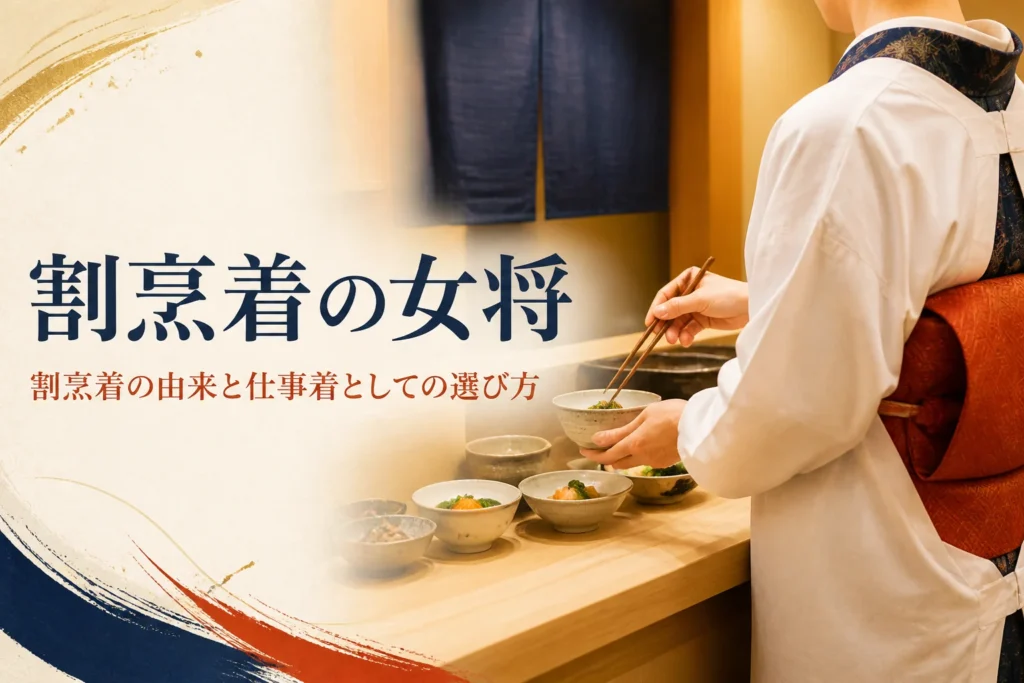 割烹着の由来と選び方を紹介する記事のアイキャッチ。白い割烹着の袖口と料理を盛りつける手元