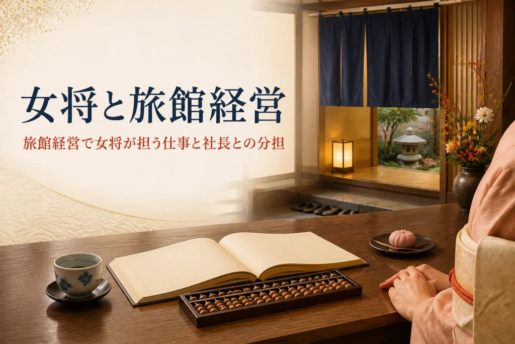 女将と旅館経営を紹介する記事のアイキャッチ。帳場の帳簿と着物の手元