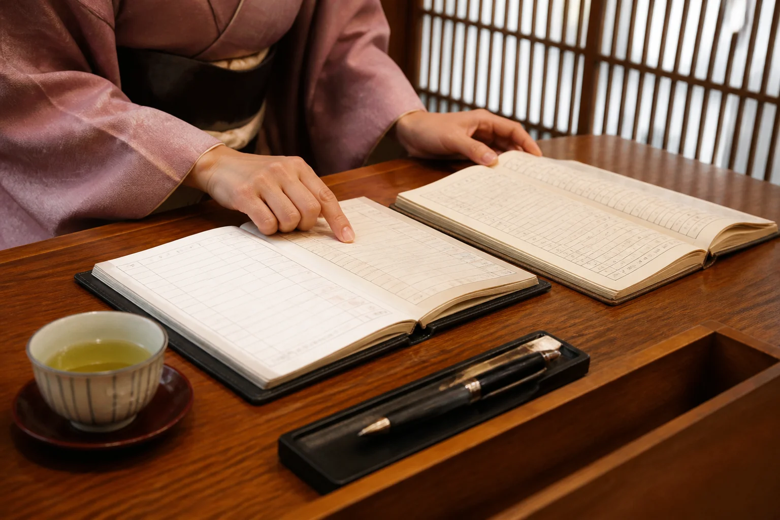 旅館の帳場で予約帳と帳簿を確かめる、経営者を兼ねる女将の手元をイメージした写真