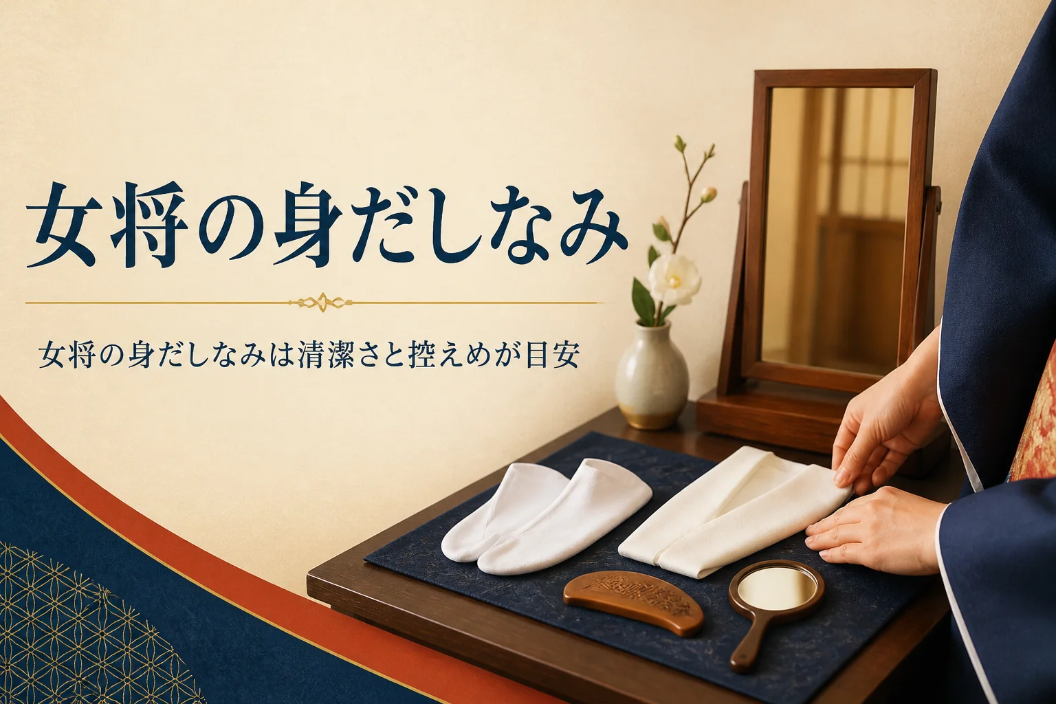 女将の身だしなみを紹介する記事のアイキャッチ。鏡台に並べた足袋や半衿、櫛