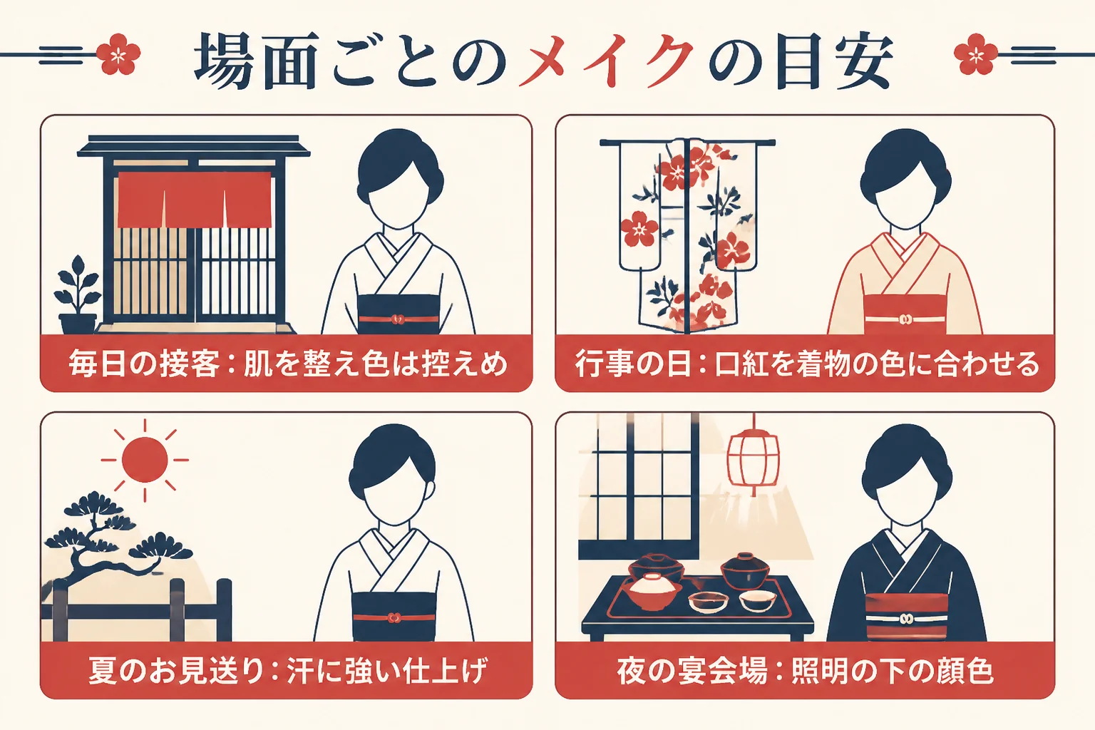 毎日の接客・行事の日・夏のお見送り・夜の宴会場の4つの場面ごとに、着物に合うメイクの考え方を示した図解