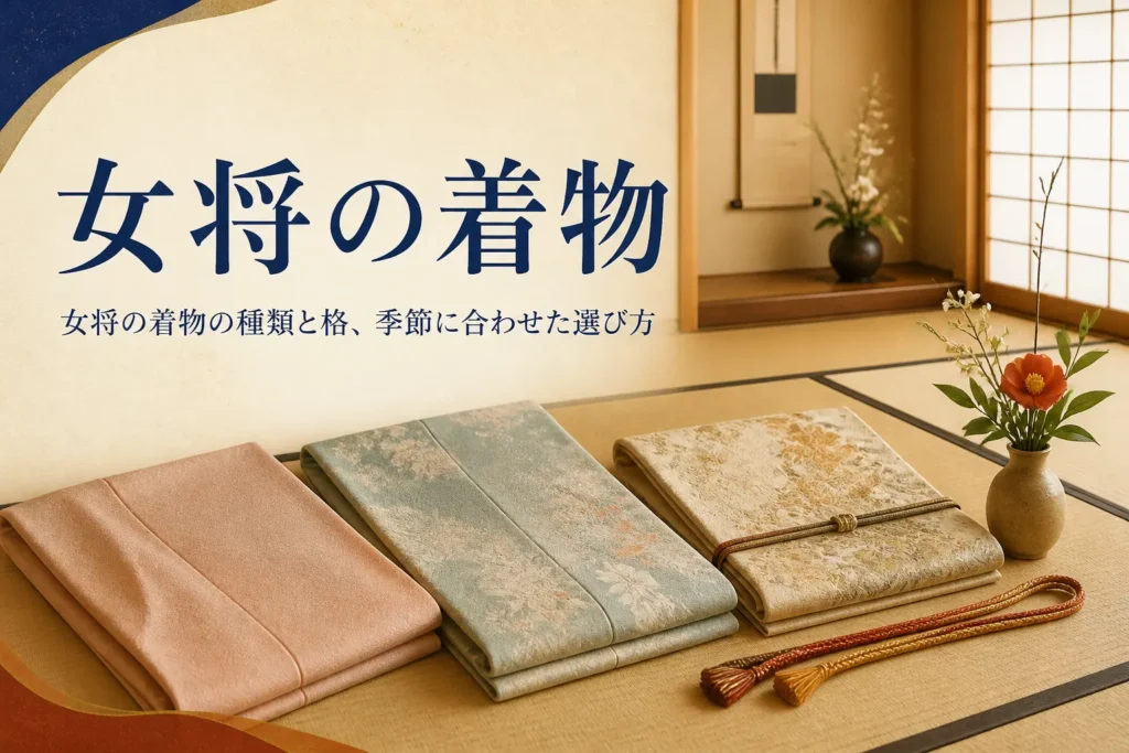 女将の着物の選び方を紹介する記事のアイキャッチ。畳の上に並べた着物と帯