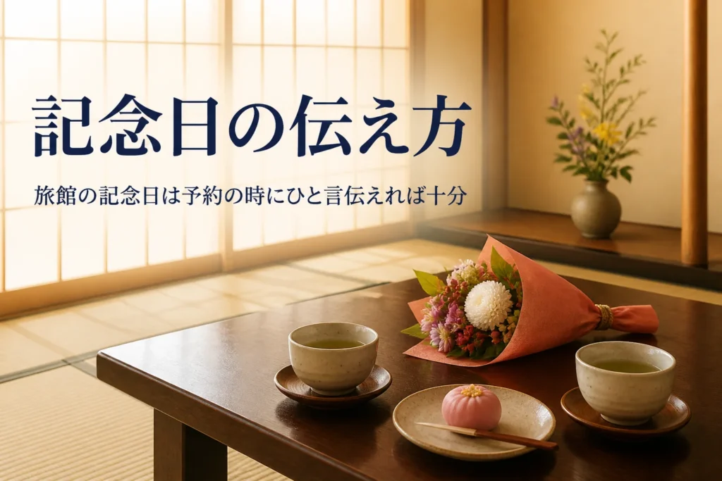 旅館で記念日を過ごす時の伝え方を紹介する記事のアイキャッチ。客室の座卓に置かれた花束と湯呑み