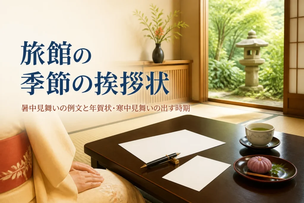 旅館から出す暑中見舞いや年賀状など季節の挨拶状の例文を紹介する記事のアイキャッチ。座卓の便箋と着物の手元