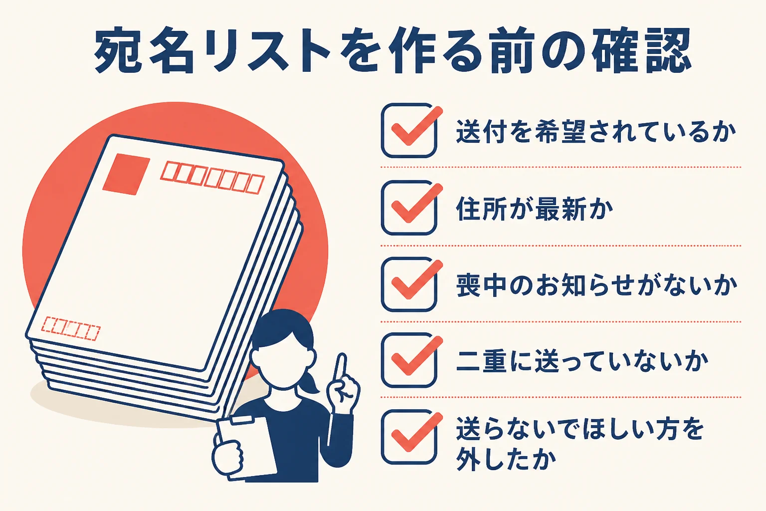 宛名リストを作る前に確かめたい5つの項目をまとめた図解