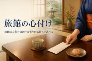 旅館の心付けの考え方と渡し方を紹介する記事のアイキャッチ。座卓の上のぽち袋と湯呑み
