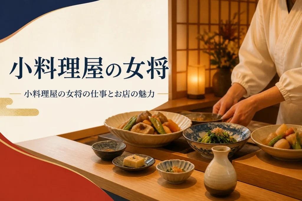 小料理屋の女将について紹介する記事のアイキャッチ。大皿料理が並ぶ白木のカウンター
