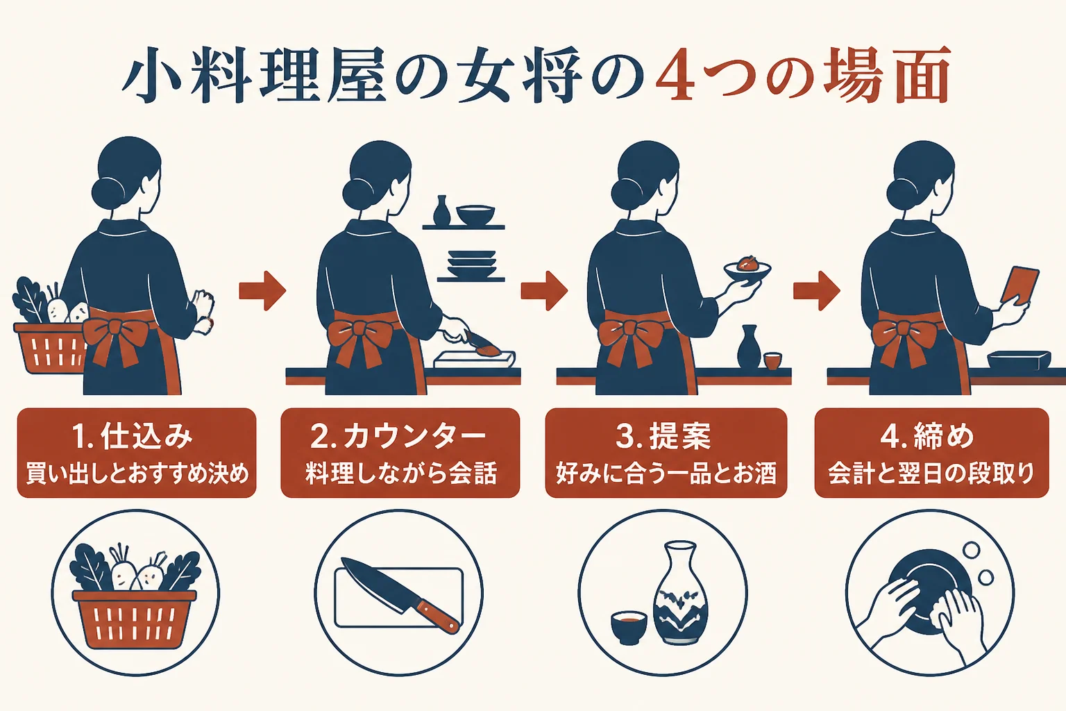小料理屋の女将の仕事を仕込み・カウンター・お酒と料理の提案・締めの4場面に分けた図解