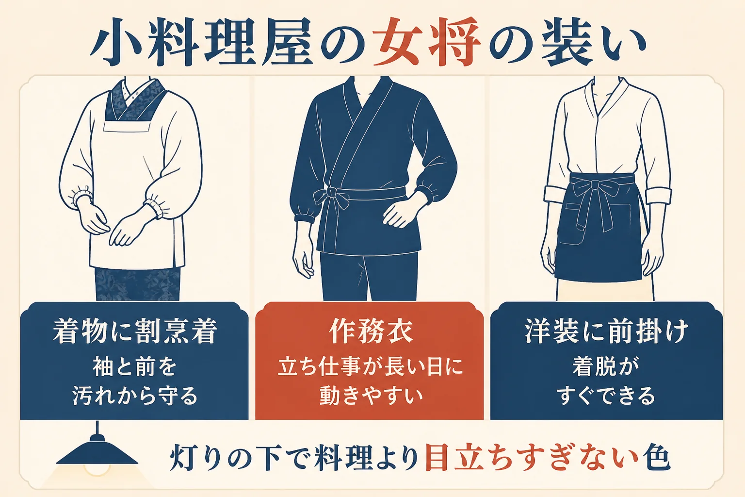 小料理屋の女将の装いを、着物に割烹着・作務衣・洋装に前掛けの3つで比べた図解