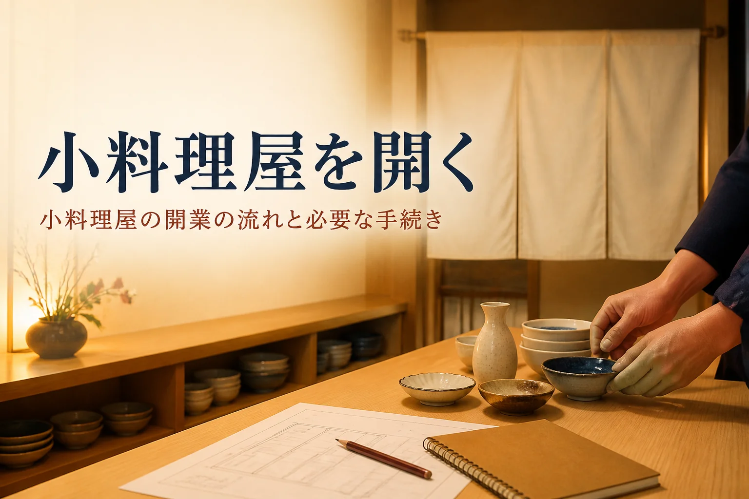小料理屋の開業について紹介する記事のアイキャッチ。開店前のカウンターに並ぶ器と図面