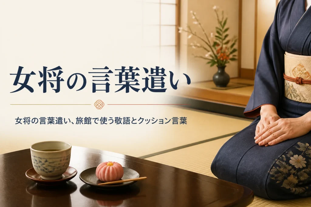 女将の言葉遣いを紹介する記事のアイキャッチ。旅館の客室で手をそろえる着物の手元