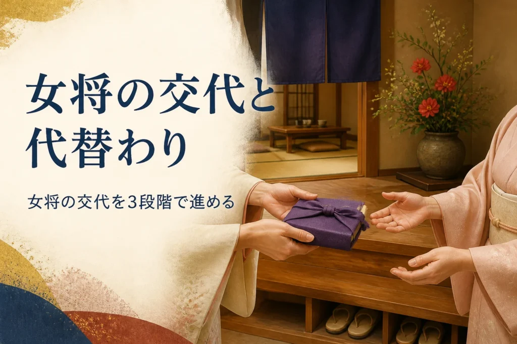 女将の交代と代替わりを紹介する記事のアイキャッチ。旅館の玄関で帳面を手渡す二人の手元