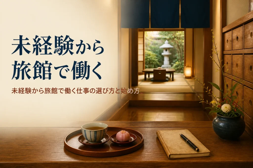 未経験から旅館で働く方法を紹介する記事のアイキャッチ。旅館の廊下とお盆の上の湯呑みとメモ帳