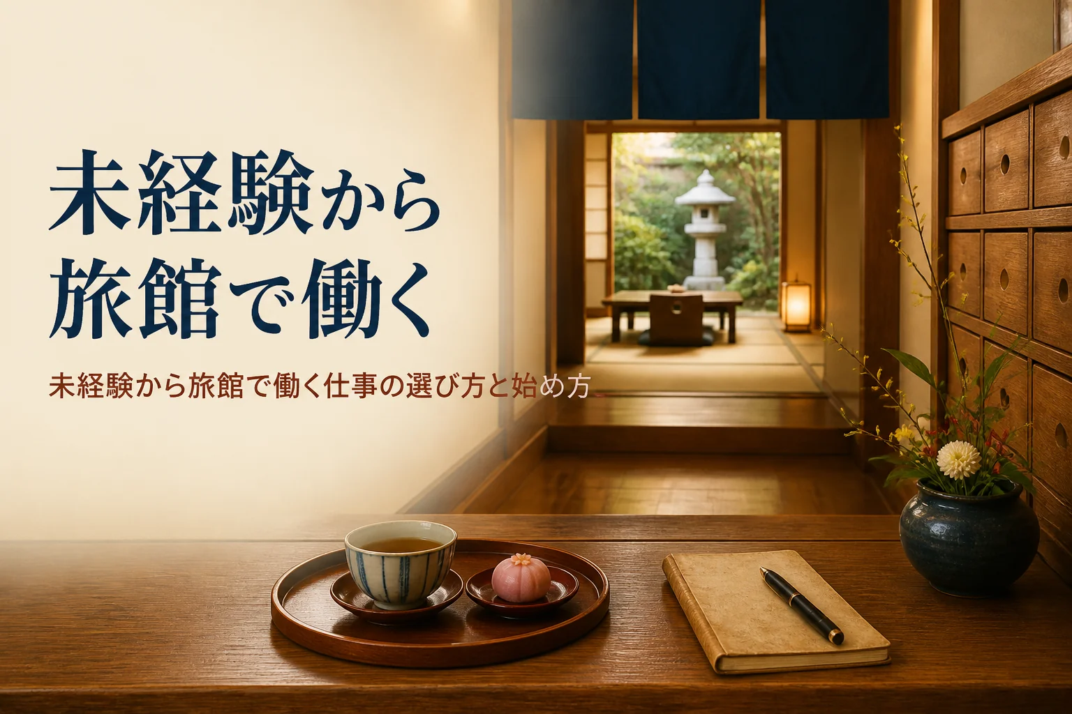 未経験から旅館で働く方法を紹介する記事のアイキャッチ。旅館の廊下とお盆の上の湯呑みとメモ帳