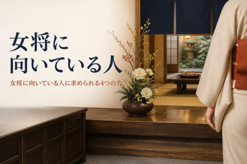 女将に向いている人の特徴を紹介する記事のアイキャッチ。旅館の玄関に生け花と着物の手元