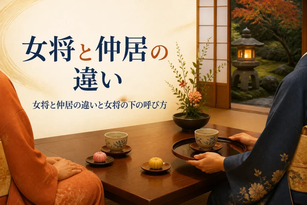 女将と仲居の違いを紹介する記事のアイキャッチ。旅館の客室でお茶を出す着物姿の二人の手元
