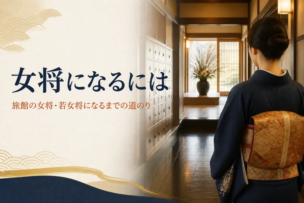 女将になるまでの道のりを紹介する記事のアイキャッチ。旅館の廊下を玄関へ向かう着物姿の後ろ姿