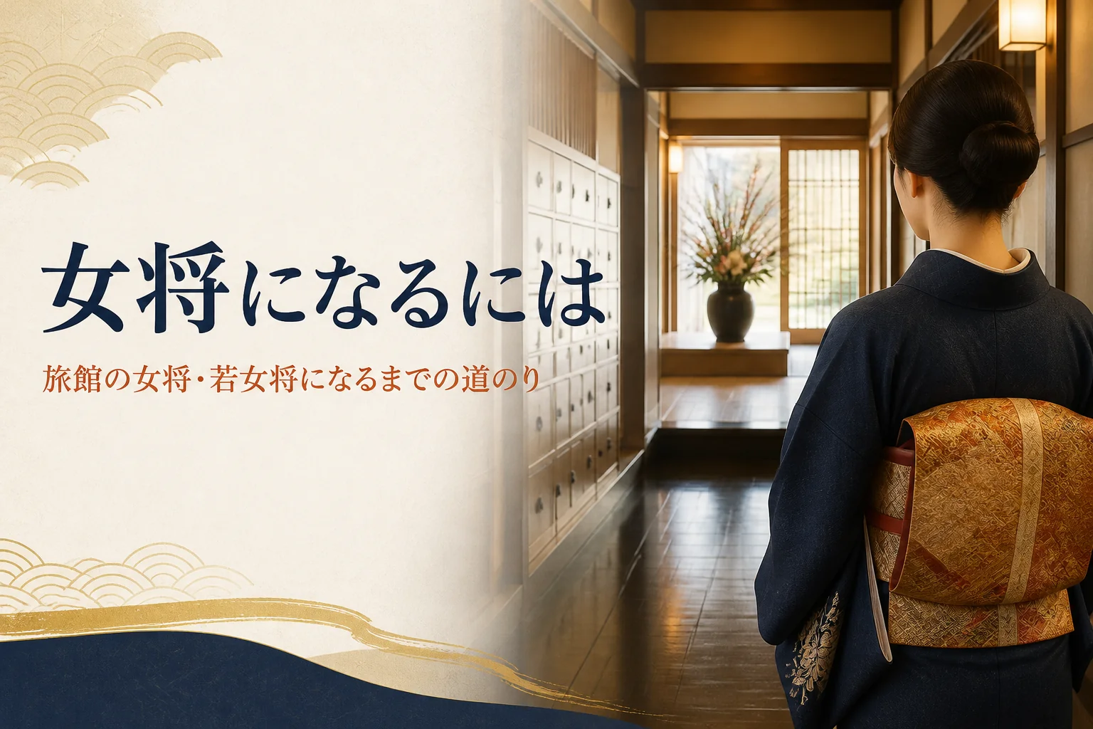 女将になるまでの道のりを紹介する記事のアイキャッチ。旅館の廊下を玄関へ向かう着物姿の後ろ姿