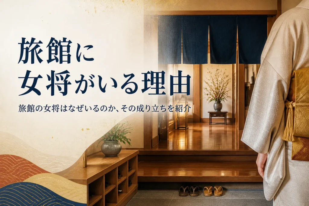 旅館に女将がいる理由を紹介する記事のアイキャッチ。旅館の玄関の式台と着物の手元