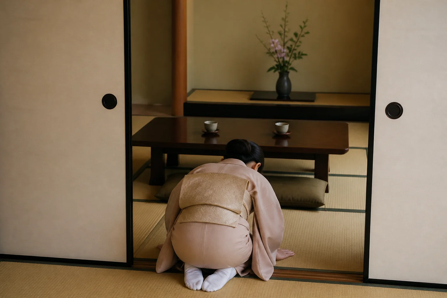 女将が客室に入る時に座って礼をする座礼の場面をイメージした写真
