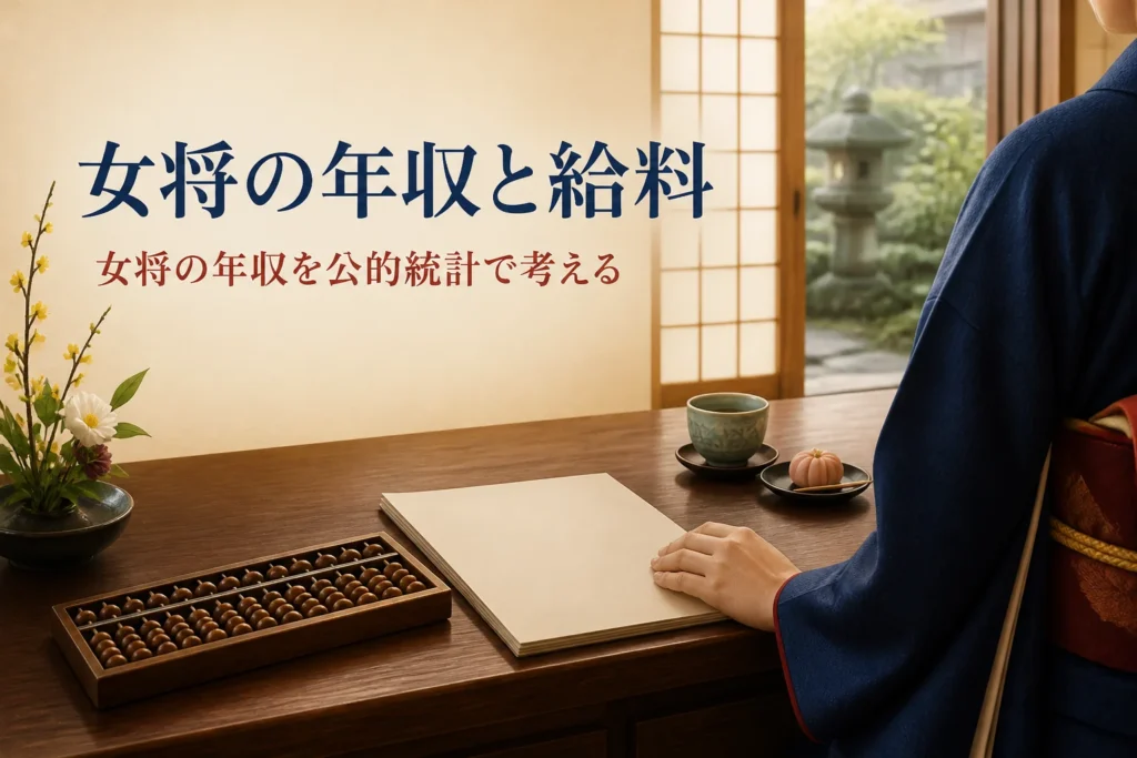 女将の年収と給料を公的統計で考える記事のアイキャッチ。旅館の帳場の机とそろばん