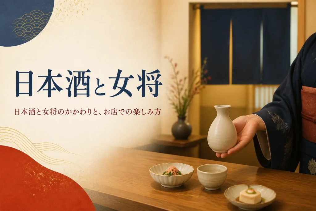 日本酒と女将のかかわりを紹介する記事のアイキャッチ。カウンターの徳利とお猪口、着物の手元