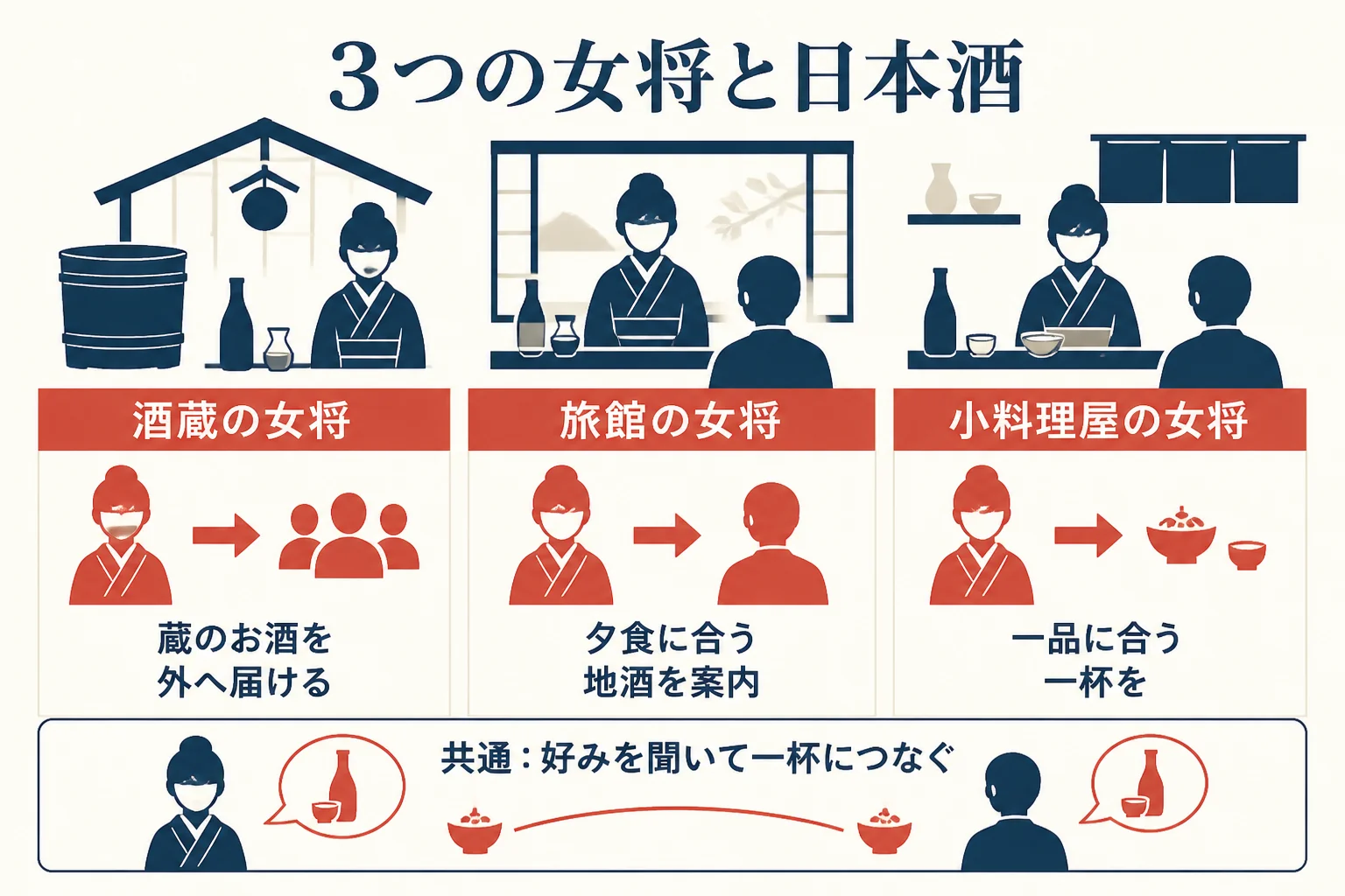 酒蔵の女将・旅館の女将・小料理屋の女将が、日本酒とどうかかわるかを比べた図解