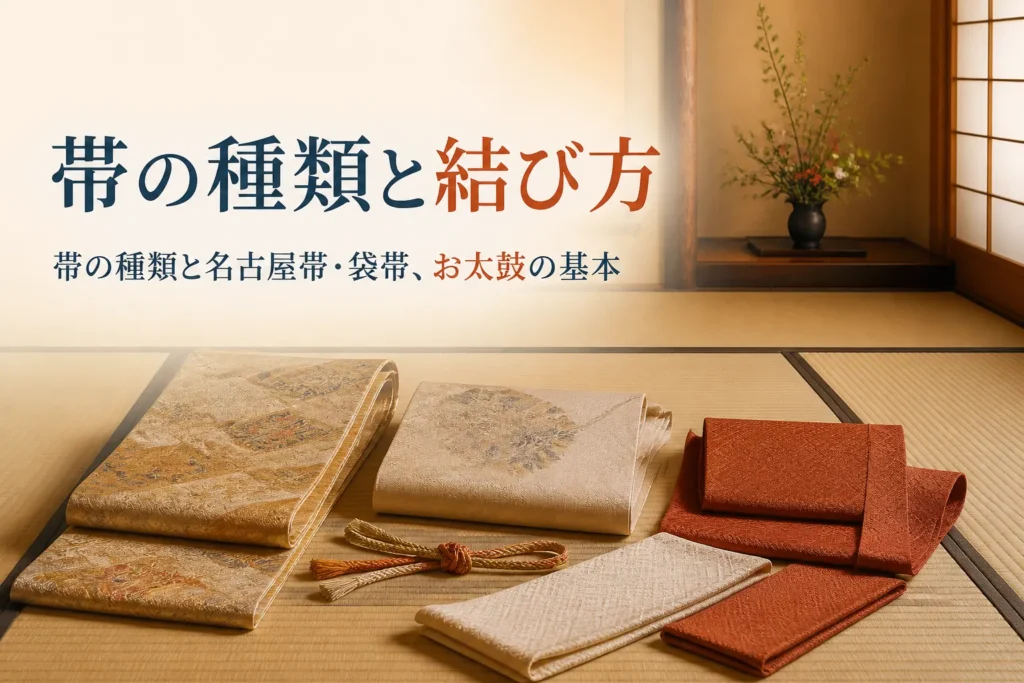 帯の種類と結び方を紹介する記事のアイキャッチ。和室の畳に並べた袋帯・名古屋帯・半幅帯