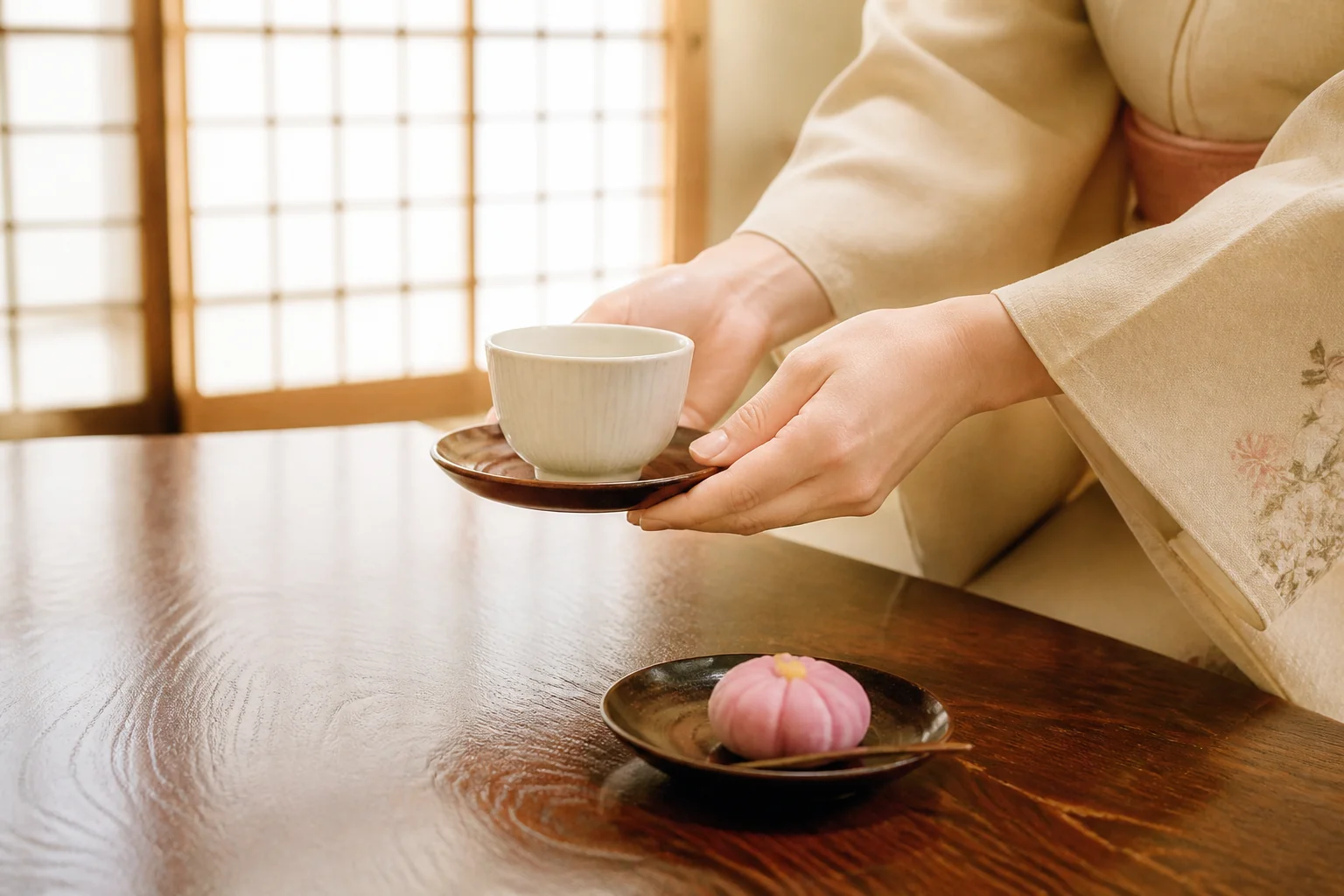 客室の座卓で茶托にのせた湯呑みを両手でお出しする手元の写真